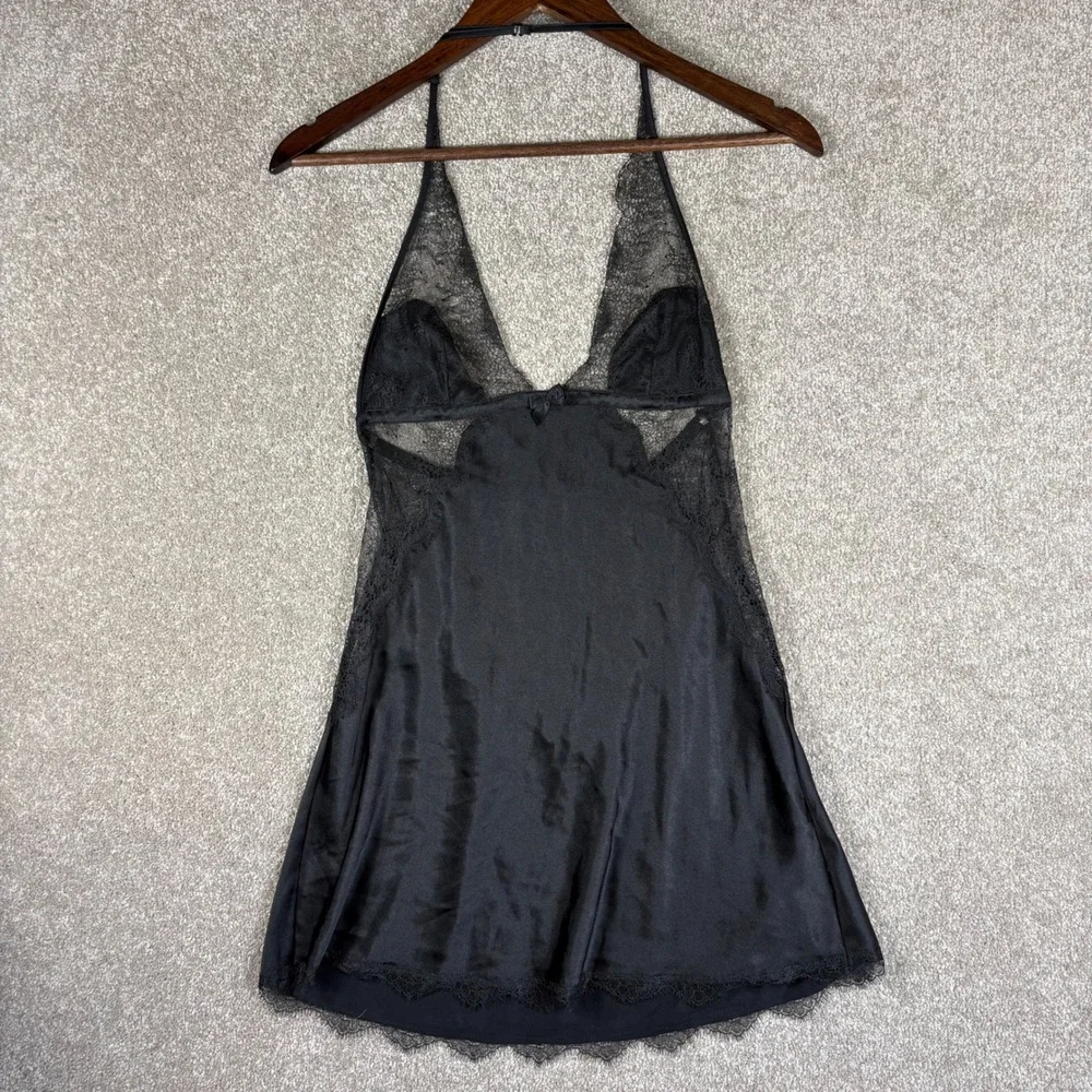 Victoria's Secret Black Satin Lace Halter Babydoll Slip Dress Small